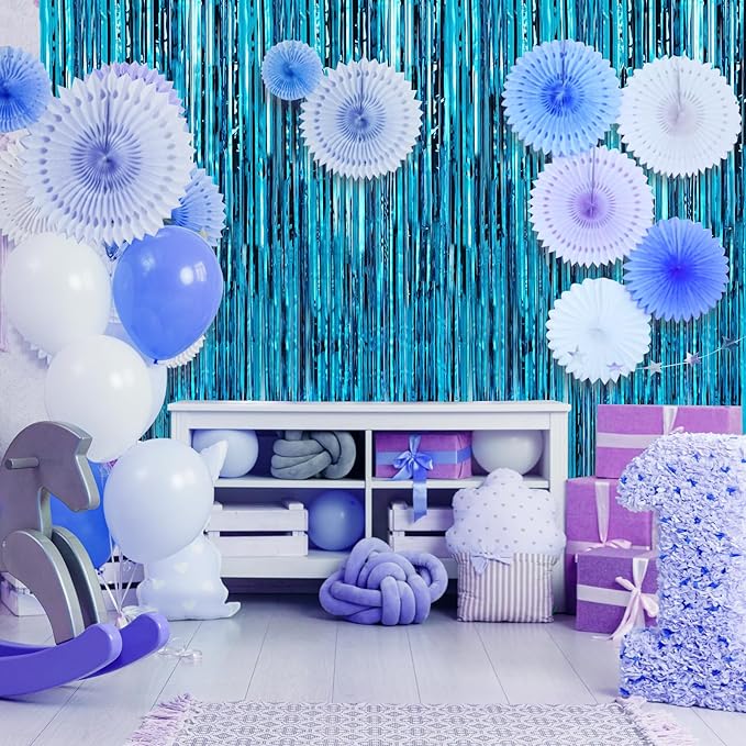 4 Pack Baby Blue Foil Fringe Curtains Door Streamers Party Decorations 3.3 x 8.2 ft, Tinsel Curtain Fringe Backdrop for Parties, Door Fringe Birthday Streamers, Photo Booth Backdrops, Party Decor