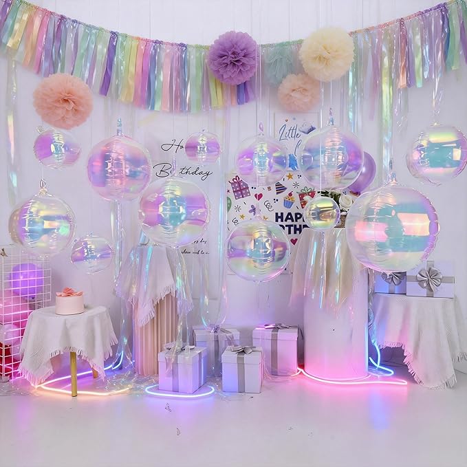 12PCS Iridescent Round Foil Balloons, 22" 15" 10" Large 4D Ball Balloons Holographic Mirror Sphere Balloon for Wedding Baby Shower Mermaid Princess Birthday Party Ceiling Decorations