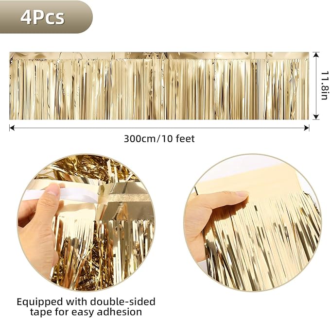 4 Packs Foil Fringe Garland Tinsel Streamers Shiny Wall Hanging Birthday Banner Backdrop for Graduation Wedding Anniversary Celebration Happy Birthday Party Decorations Champagne Gold