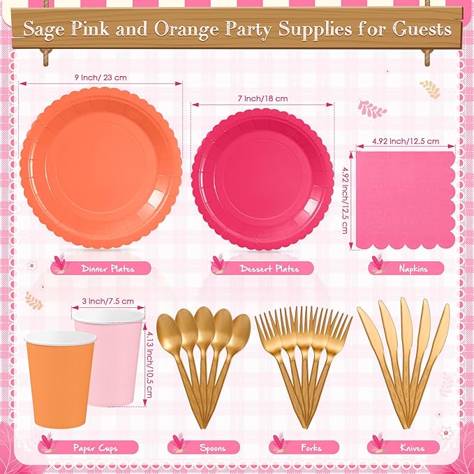 Zhehao 175 Pcs Pink and Orange Plates and Napkins Hot Pink Orange Party Disposable Tableware Kit with Plates, Cups, Napkins, Cutlery for Sunset Neon Baby Shower, Birthday, Wedding Party Supplies