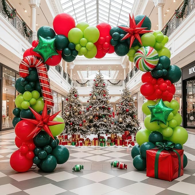 Christmas Balloon Garland Arch Kit with backdrop Xmas Red Green Balloons Candy Cane Gift Box Star Foil Balloons for Christmas New Year Birthday Party Decorations (Red Green)