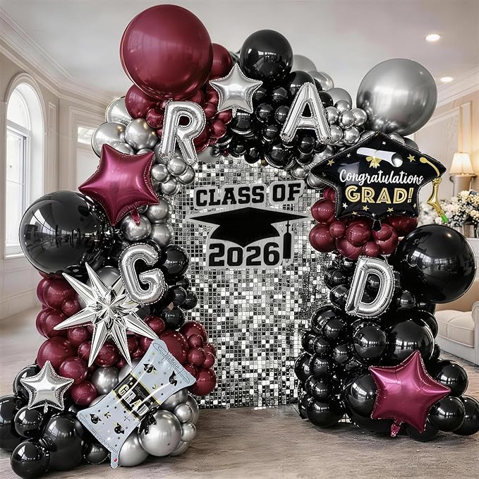 Red Graduation Balloons Garland Arch Kit, 115PCS Red Black Silver Graduation Star Print Cap Certificate Grad Foil Balloon with Silver Explosion Star Balloon for Graduate Class of 2026 Prom Party Decor