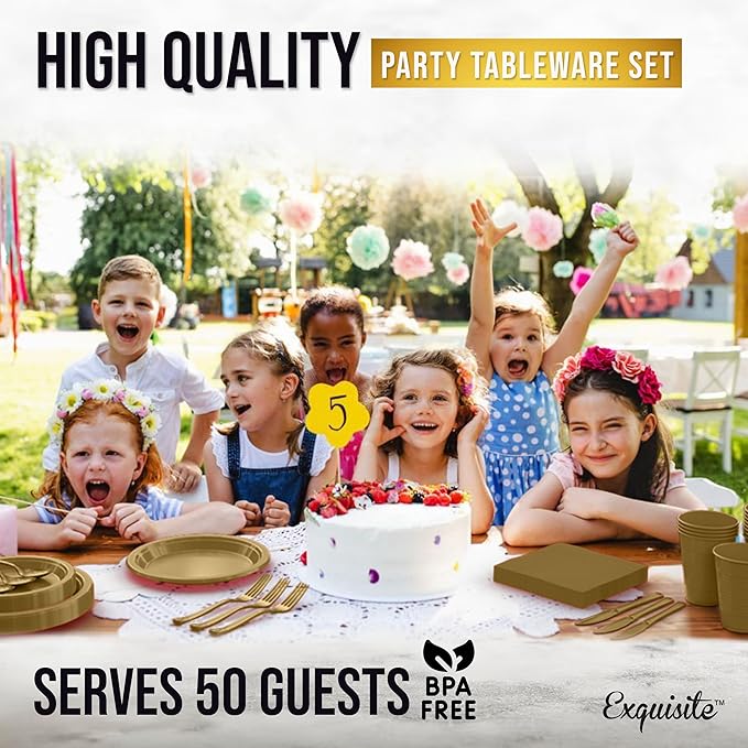 350 Pcs Gold Plastic Plates For Party, Gold Disposable Plates Set, 50 Of Each 9" Dinner Plate Set, 7" Dessert Plate, Cups, Napkins & Cutlery Plastic Dinnerware Set Exquisite