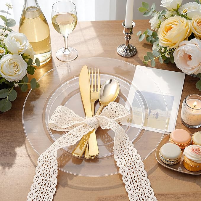 WDF 200PCS Clear Plastic Plates for Party - Heavy Duty Clear Disposable Plates - 100 x 10 Dinner Plate and 100 x 7 Dessert/Cake Plastic Plate for Weddings/Traval/Party/BBQ/Events