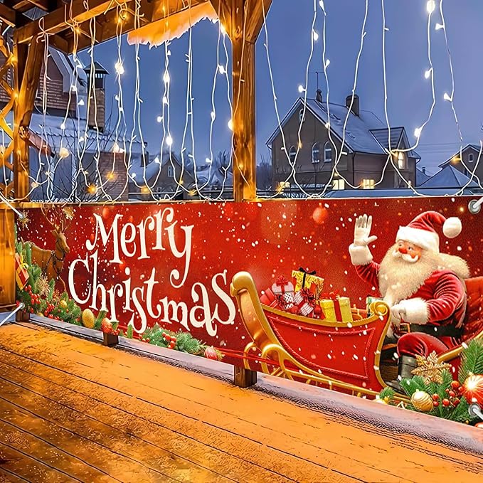 Merry Christmas Banner 79x18 Inches Santa Sleigh and Reindeer Christmas Fence Banner Outdoor Holiday Backdrop for Yard Wall Christmas Door Decorations Large Winter Backdrop Outdoor Display