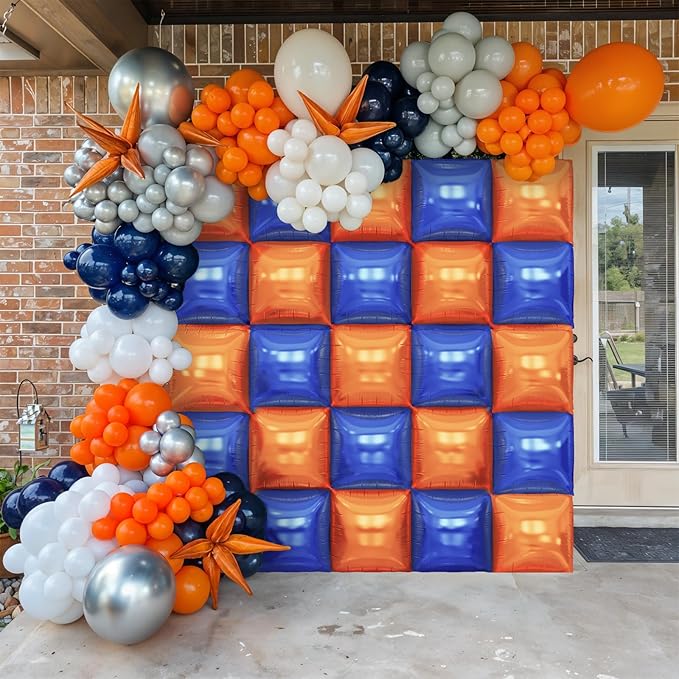 Blue and Orange Square Foil Balloons Wall, Double Sided Chrome Deep Blue and Orange Balloons Tunnel Arch Kit Backdrop for Boys Birthday Graduation Baby Shower blue Birthday Party Decorations