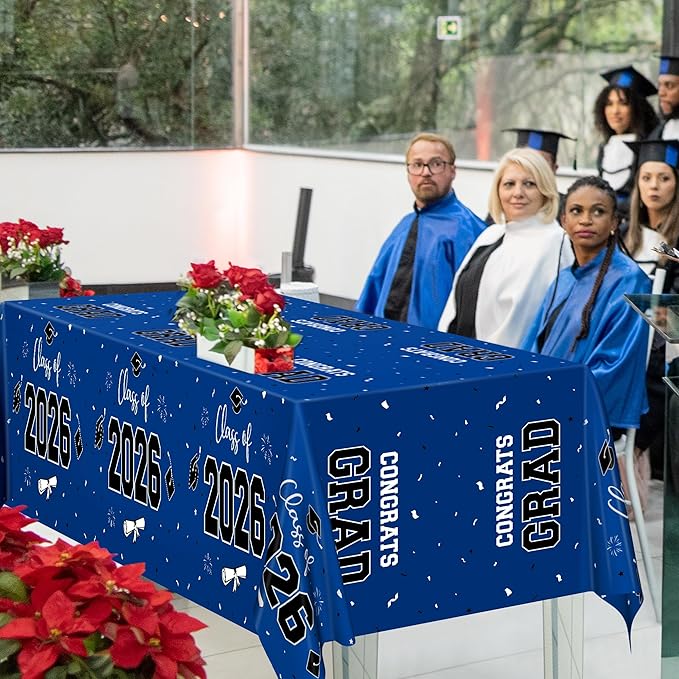 QZYL 4 Pack Graduation Tablecloth, 54" x 108" Blue Graduation Table Decorations 2026, Plastic Table Cloth for Class of 2026 Congrats Grad, Rectangle Disposable Grad Party Decorations Supplies Favors