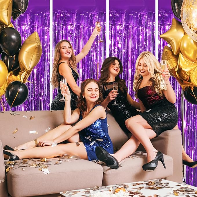 Valentines Day 4 Pack 3.3 * 8.3 ft Foil Curtain Metallic Tinsel Fringe Curtains Photo Booth Props Backdrop for Birthday Wedding Engagement Baby Shower Christmas Holiday Celebration Partyl,Purple
