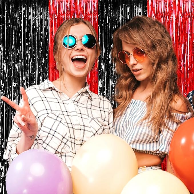 3 Pack Black Red Foil Fringe Curtain Backdrop, 3.28Ft x 6.6Ft Metallic Tinsel Foil Fringe Streamer Curtains for Photo Booth, Christmas Day, Thanksgiving, Wedding, New Year Party Decorations