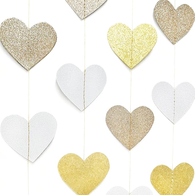 Heart Party Decorations Glitter Gold Champagne Gold White Paper Love Heart Hanging Garland Streamer Banner for Birthday Wedding Engagement Anniversary Valentines Day Baptism Baby Shower Party Supplies