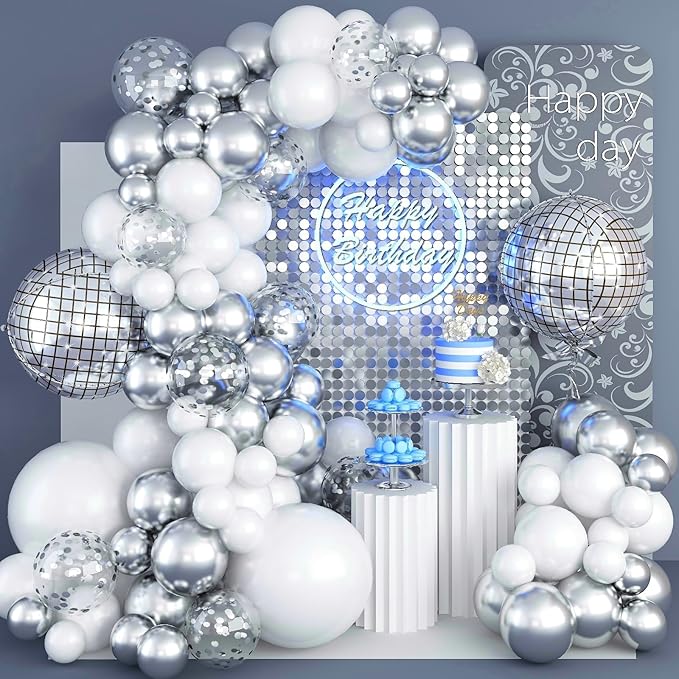 Disco Ball Arch Kit, White and Silver Balloon Garland With 22 Inches 4D Metallic Silver Mirror Balls, Confetti Balloons for Disco Party Decorations Halloween 80s 70s Decor Ornament