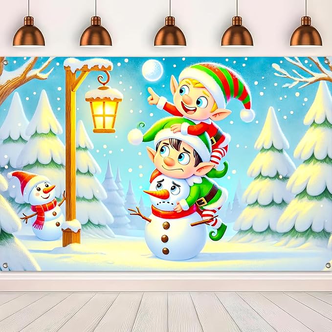 Christmas Banner Elf Snowman Holiday Wall Backdrop Cute Cartoon Winter Wonderland Decoration Indoor Outdoor Party Supplies Kids Room Fence Photo Background Scene 71 X 43 Inches