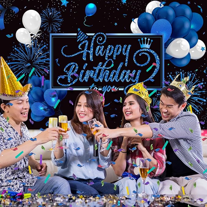 Blulu Happy Birthday Backdrop Banner Sign Poster Large Fabric Glitter Balloon Fireworks Sign Photo Backdrop Background for Birthday Party Decoration Supplies, 72.8 x 43.3in (Blue)