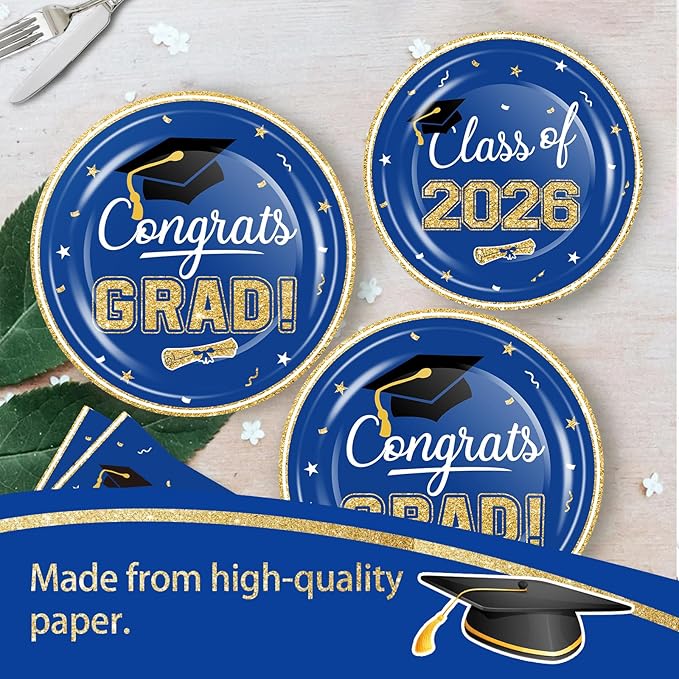 2026 Graduation Party Supplies Tableware Set - 100 Pcs Blue Gold Graduation Plates and Napkins Class of 2026 Disposable Dinnerware for College High School Congrats Grad Party favors, Serve 25