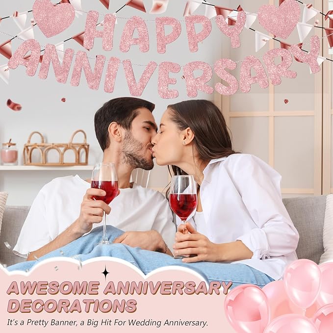 Fulmoon Happy Anniversary Banner Glitter Happy Anniversary Decorations Wedding Party Banner Romantic Decorations No DIY Pre-strung for Wedding Party Birthday Door(Rose Gold)