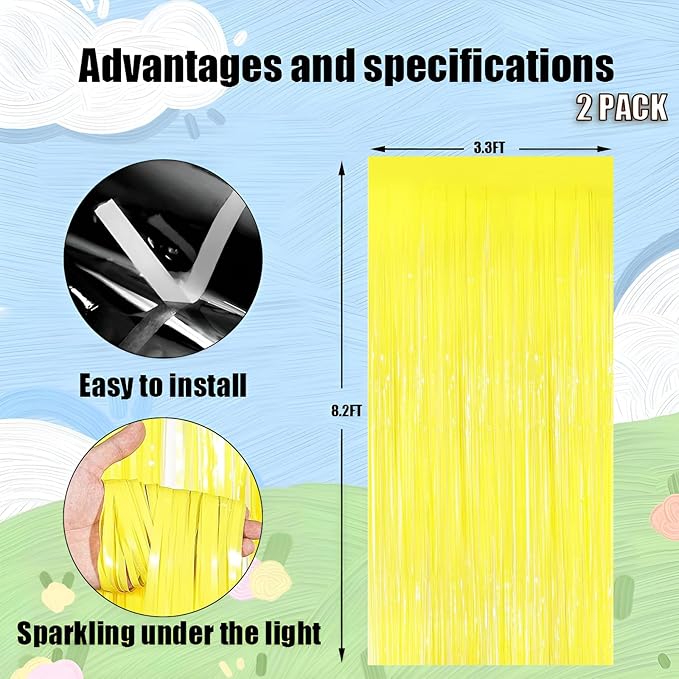 Valentines Day 2 Pack 3.3 * 8.3 ft Foil Curtain Metallic Tinsel Fringe Curtains Photo Booth Props Backdrop for Birthday Wedding Engagement Baby Christmas Holiday Celebration Party，Macaron Yellow