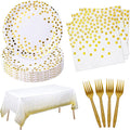 White and Gold Paper Plates and Napkins Tablecloth Party Supplies,Serves 25 Guests White Gold Plates and Napkins Tablecloth,Disposable Tableware Set for Birthday Graduation Retirement Decorations