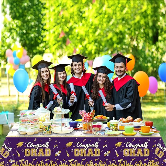 chiazllta Set of 3 Graduation Tablecloths Class of 2026 Congrats Grad Purple Graduation Party Tablecover Decorations Party Supplies Large Size Plastic 54"x108"(Purple & Gold)