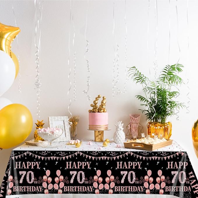 3 PCS 70th Birthday Tablecloth Decorations for Women Black and Rose Gold Theme Tablecloth Party Favors Seventy Years Old Plastic Disposable Rectangular Table Cloth Decor
