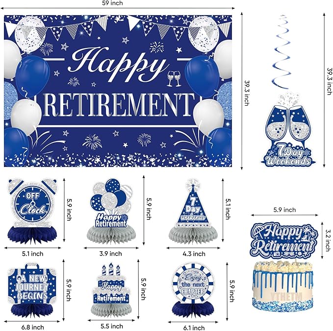 Retirement Party Decorations for Men Women Blue Silver Happy Retirement Banner Backdrop Balloons Paper Pompoms Honeycomb Centerpiece Cake Topper Hanging Swirl Set
