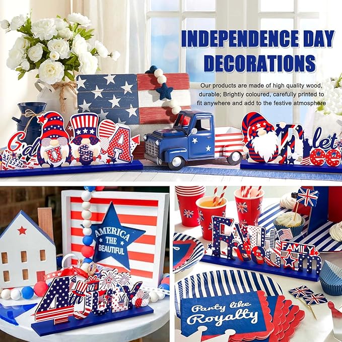 Hommtina 4 Pcs 4th of July Decorations Patriotic Decorations 4th of July Gnomes Memorial Day Decorations Red White and Blue Decorations for House School Classroom