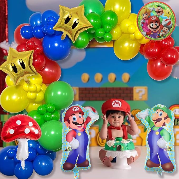 Mario Birthday Party Supplies, 133Pcs Balloons Arch Garland Kit, Assorted Latex Foil Balloons for Mario Birthday Party Decorations