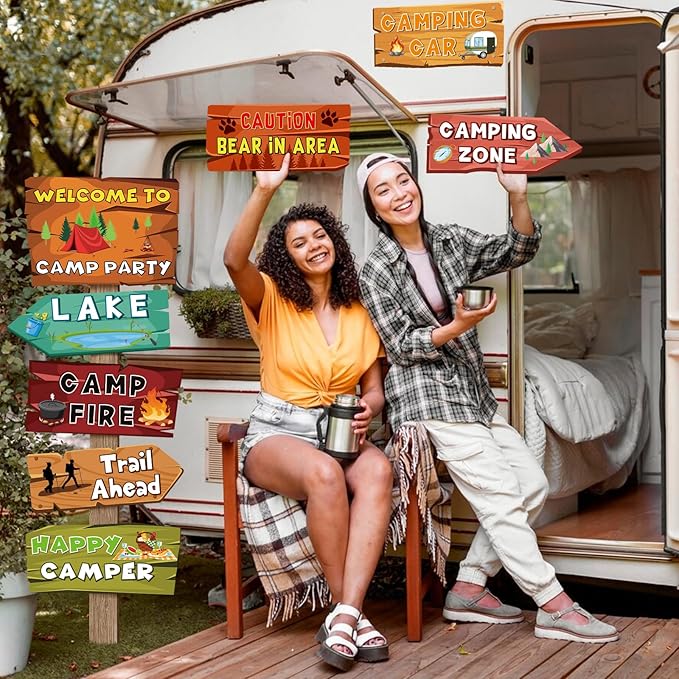 Hooqict 20 Pieces Camping Themed Party Decorations Camping Party Directional Signs for Summer Camp Decor Welcome to Camp Birthday Party Supplies Classroom Wall Door Porch Yard Sign