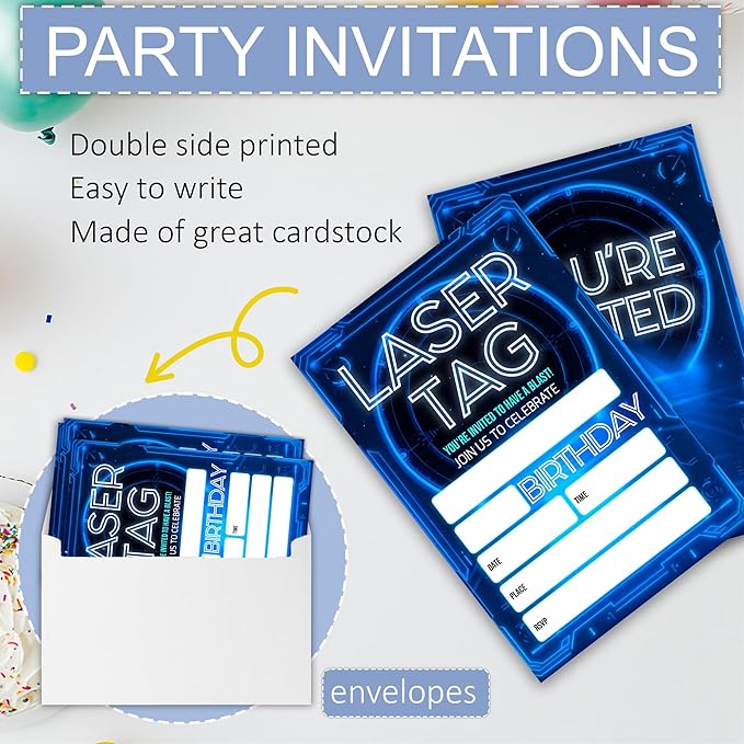 Laser Tag Birthday Party Invitations, Glow Neon Theme Invite Cards, 20 Count with Envelopes for Boys Girls Teen, 4 x 6 Double Sided Printed Fill In Blank Party Supplies- Blue
