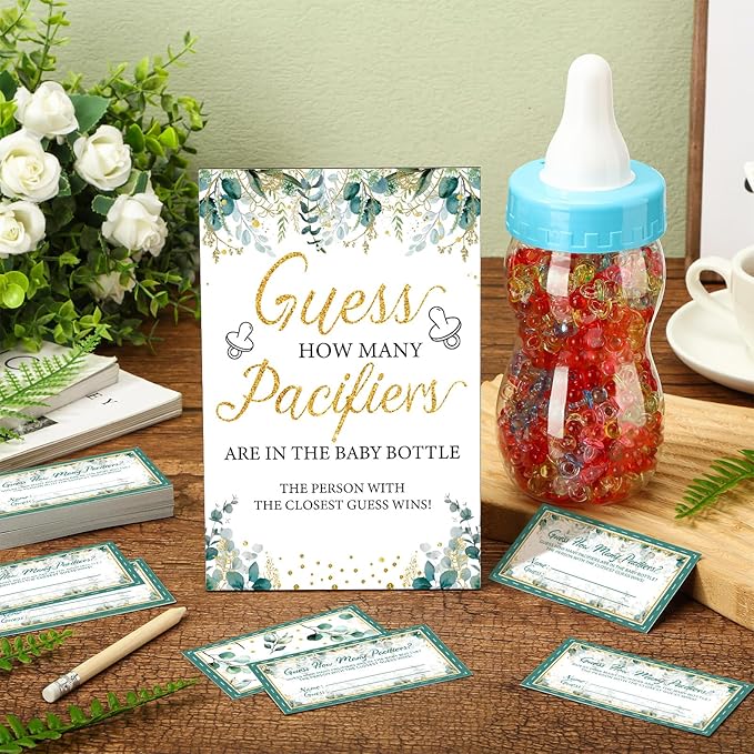 Syhood Greenery Baby Shower Games Guess How Many Pacifiers Sage Game Sign 50 Small Guessing Games 20 HB Pencils 750 ml Milk Bottle 400 Acrylic Pacifiers Decorations Guests Gender Reveal Party Favors