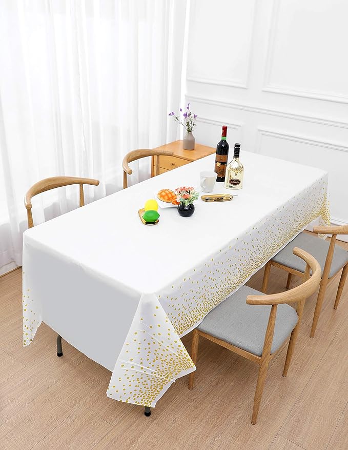 White and Gold Tablecloths for Party 2 Packs, 54x108 inch Gold Dot Confetti Disposable Rectangular Plastic Table Cover for Bridal Shower Engagement Wedding Birthday BBQ Party New Year Eve 2026