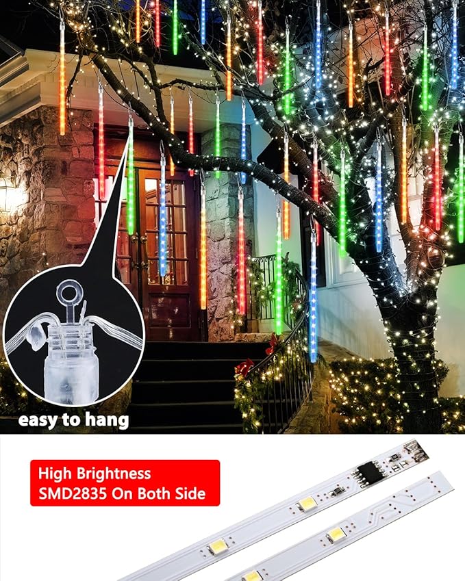iBaycon 20 Tubes 480 LED Meteor Shower Rain Lights, 11.8 inches Cascading Icicle Lights Waterproof Outdoor, Connectable Falling Raindrop Lights with Timer for Holiday Party Christmas Decorations