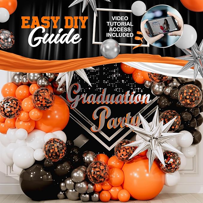 ALL-IN-1 Orange Black White Balloons Arch Kit with BONUS Starburst Balloons – Small & Large White Orange Black Balloons – Party Decorations for Graduation, Birthday Bengals, Halloween, Harley Davidson