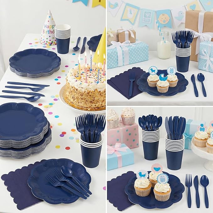 350 Pcs Navy Blue Plates and Napkins Set, 50 Guest Navy Blue Party Supplies Include Scalloped Plate Paper Napkin Cup Forks Knives Disposable Plastic Cutlery for Wedding Baby Shower Birthday Party