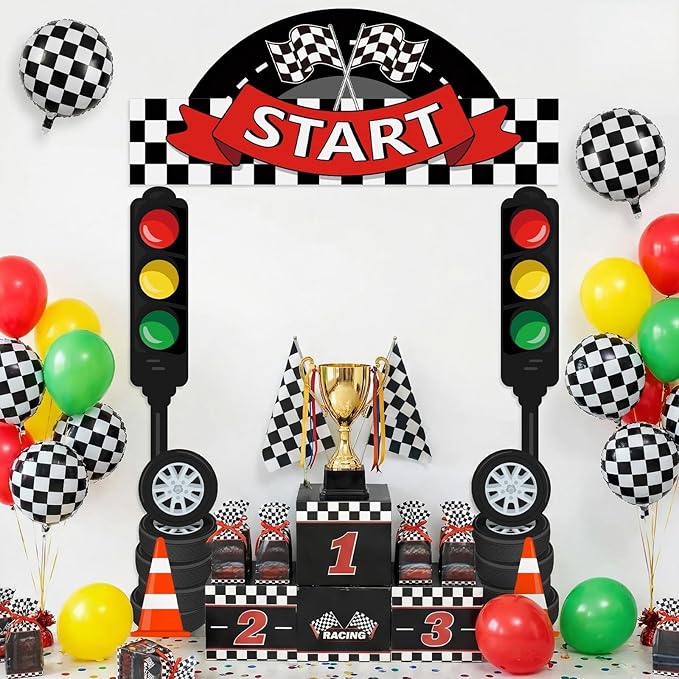 Peryiter 3 Pcs Race Car Birthday Party Decorations Racing Party Decorations Racing Fans Welcome Porch Sign Checkered Flag Hanging Door Banner for Car Birthday Baby Shower