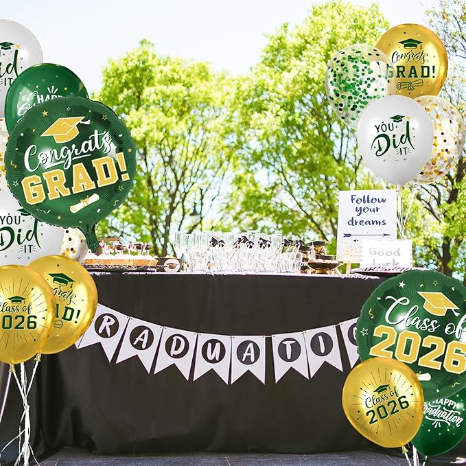 Green and Gold Graduation Balloons Graduation Decorations 2026, 51Pcs Grad Latex Balloons and Grad Foil Balloon with Confetti Ribbons Grad Party Decorations for College High School