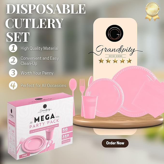 Grandipity 350 Piece Pink Disposable Dinnerware Set, Includes 50 of Each: 9" Dinner Plates, 7" Dessert Plates, 12oz Cups, Paper Napkins, Forks, Knives & Spoons