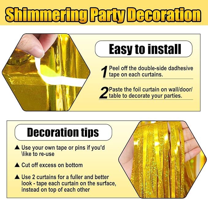 3 Pack Gold Foil Fringe Curtain Backdrop, 3.28Ft x 8.2Ft Metallic Tinsel Foil Fringe Streamer Curtains for Photo Booth, Mother's Day, Easter, Birthday, Wedding Party Decorations