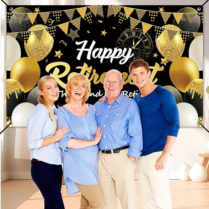 Retirement Party Decorations Kit for Men Women, Black Gold Happy Retirement Banner with 6PCS Honeycomb Centerpiece,5.9 x 3.6Ft, Black Gold Office Yard Sign for Farewell Decorations Party Supplies