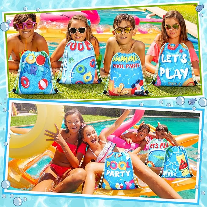 Marsui 24 Pcs Pool Party Favor Drawstring Bags Gift Beach Goodie Candy Favors Bags for Summer Hawaiian Birthday Party