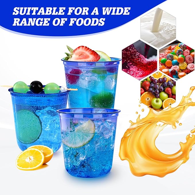 KesaPlan 100 Pcs Blue Plastic Cups, 12oz Disposable Stemless Wine Glasses for Cocktail Clear Wine Cups Cocktail Glasses Blue Party Cup for Wedding Birthday Meeting Christmas Party