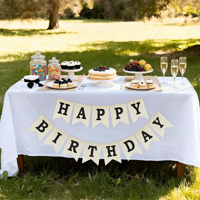 Anwyll Happy Birthday Banner - NO DIY Burlap Happy Birthday Banner Sign Happy Birthdays Party Decoration Happy Birthdays Banners Bunting for Women Men Girl Boy Celebration Party Backdrops (Black)