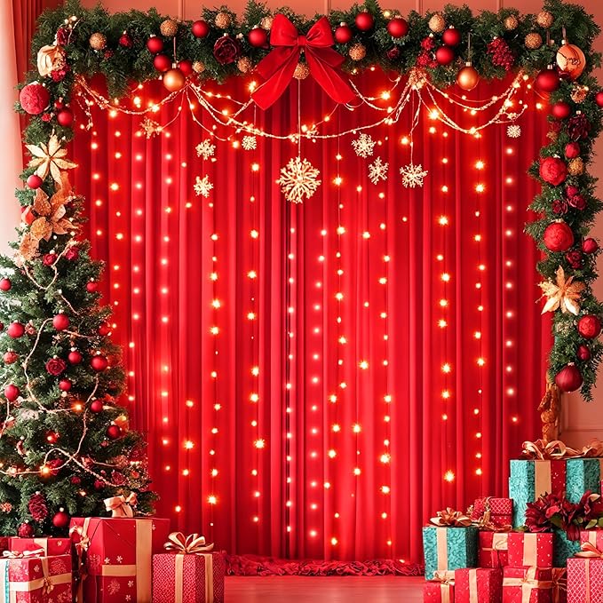 Red Backdrop Curtains with Lights for Parties,10x10FT Wrinkle Free Red Photo Backdrop Curtains for Wedding Baby Shower Birthday Ceremony Reception New Year Decorations-5ft x 10ft,2 Panels