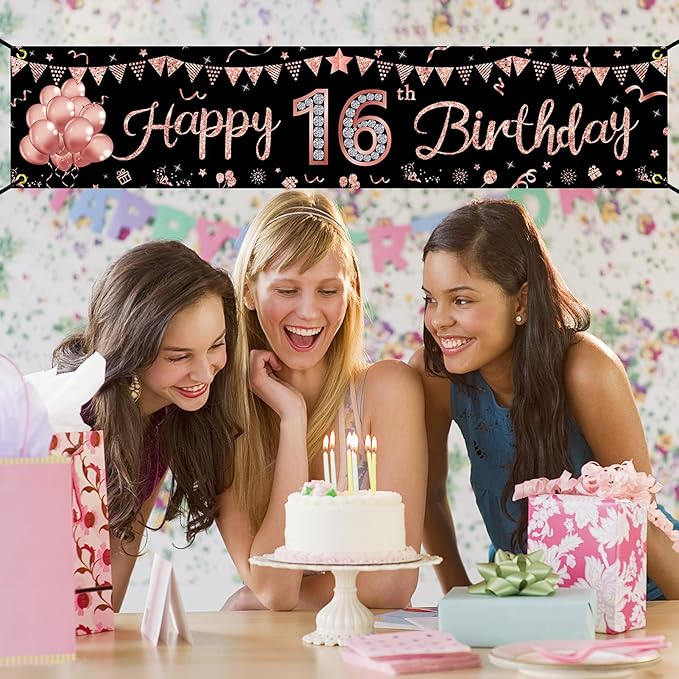 Happy 16th Birthday Banner Decorations for Girls, Rose Gold Sweet 16 Birthday Party Supplies, Funny Sixteen Birthday Yard Sign Decor for Outdoor