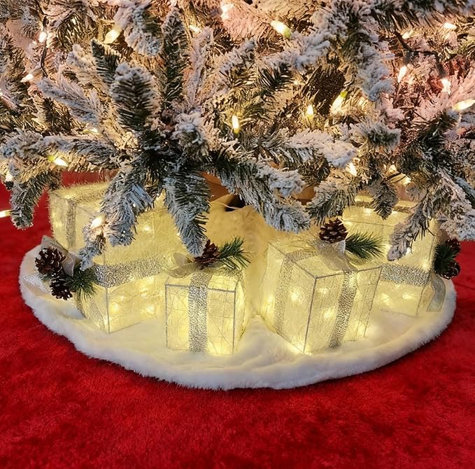 Set of 4 Christmas Lighted Gift Boxes, Pre-lit Light up Present Set with Different Sizes for Holiday Indoor Outdoor Decorations - Battery Operated(Warm White)