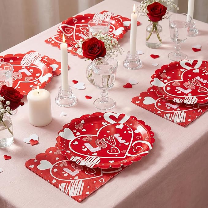 Valentines Day Plates and Napkins Set - 40 Pcs Disposable Red Heart Party Supplies for 20 Guests, Includes 20 Dinner Plates (9 Inch) & 20 Valentine Napkins for Galentines Party Decorations