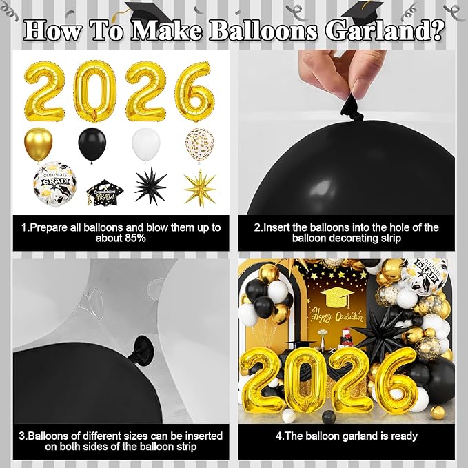 Graduation Balloons Garland Arch Kit, Graduation Balloons Class of 2026, Black and Gold White Latex Balloon with Foil Balloon for Class of 2026 Party Decor