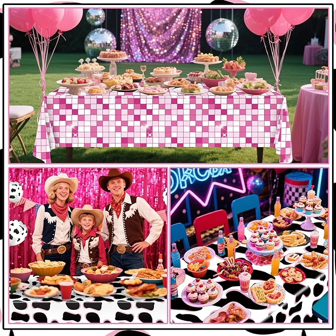 2Pcs Cow Print Tablecloth, Cowgirl Birthday Party Decorations, Waterproof Plastic Disco Table Cloth for Disco Pink Cowgirl Decorations Supplies 54X108inch