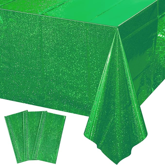 3 Pack Iridescent Green Plastic Tablecloths, Shiny Disposable Laser Rectangle Table Covers, Holographic Foil Tablecloth for St. Patrick's Day Birthday Christmas Witch Theme Party, 54x108Inch