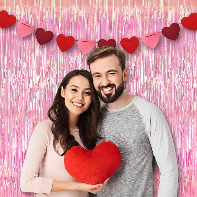BRAVESHINE Clear Pink Streamers Party Decorations Iridescent Foil Fringe Backdrop - 2 Pack 3.2 x 6.5 ft Holographic Tinsel Curtain Party Photo Backdrop for Valentine’s Girl Birthdays Engagement Decor