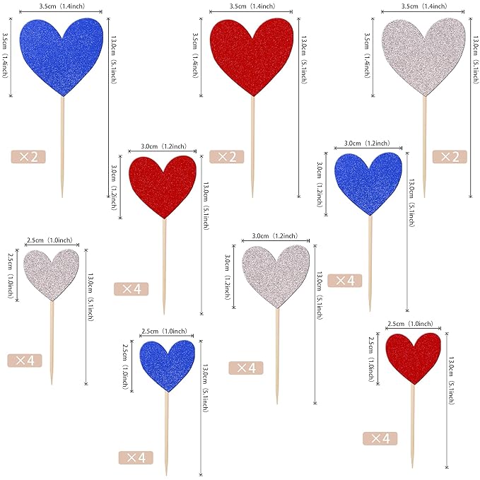 30 PCS Love Heart Cupcake Toppers Glitter Sweet Love Cupcake Picks Wedding Engagement Bridal Shower Cake Decorations for Valentine's Day Baby Shower Birthday Party Supplies Blue Red Silver
